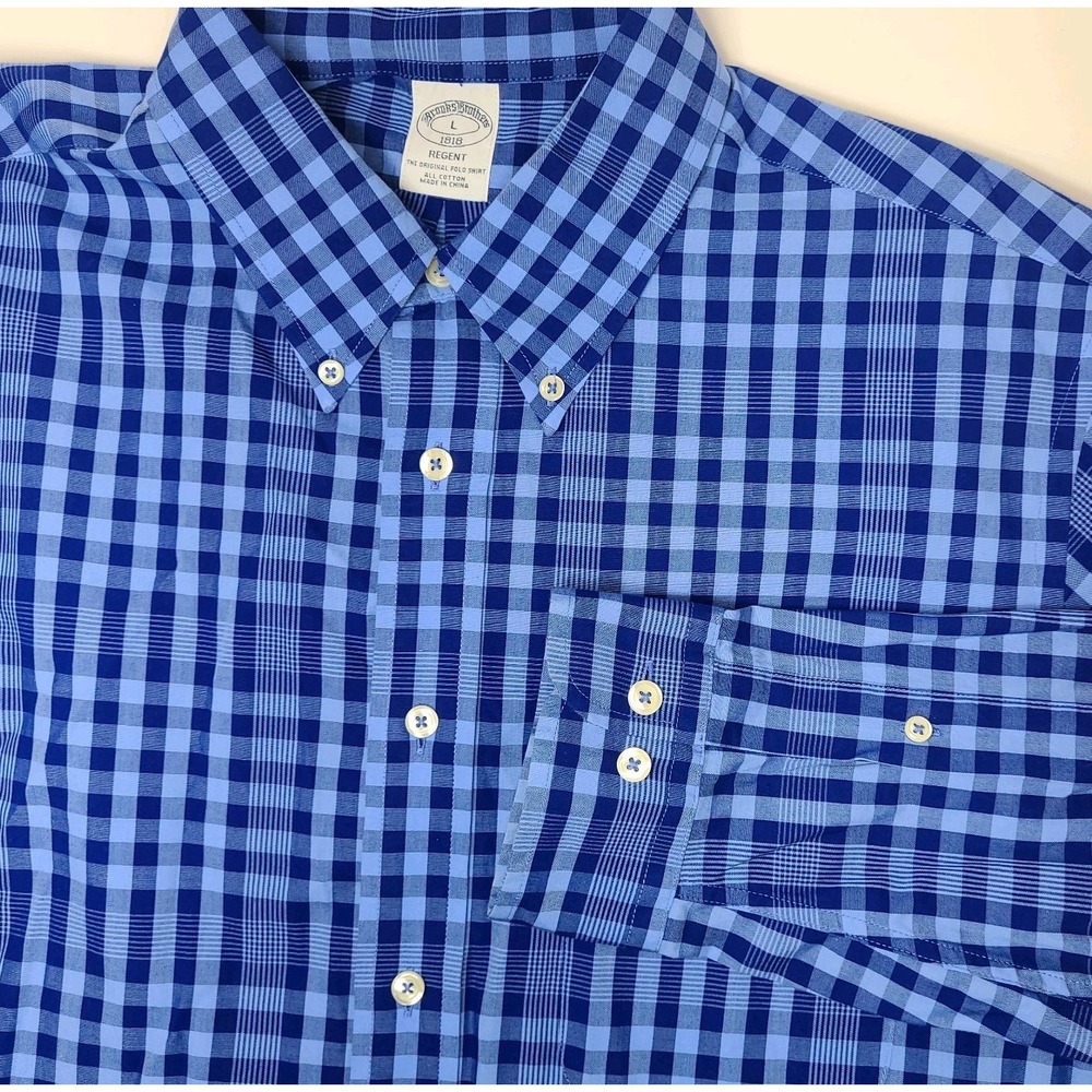 Brooks Brothers 1818 Regent Shirt Mens Large Blue Plaid Button Down 100% Cotton